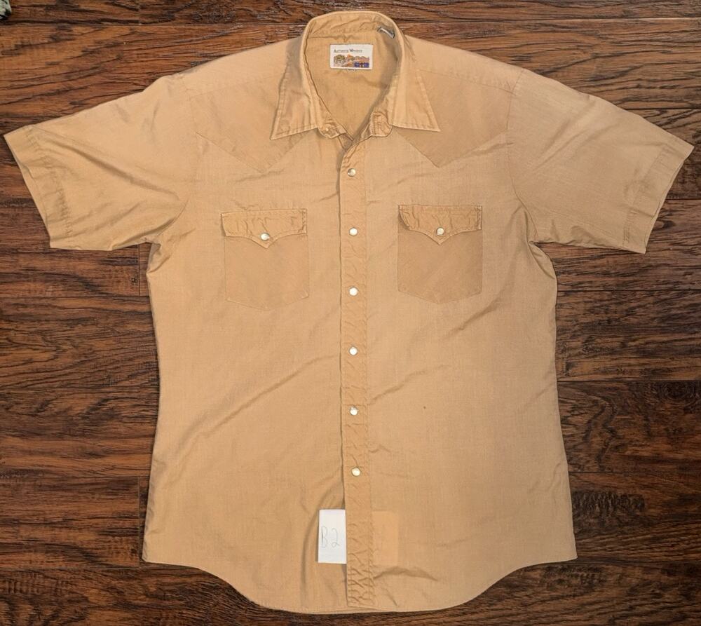 Vintage ATB Authentic Western Shirt Mens L Tan Pearl Snap Short Sleeve Cowboy